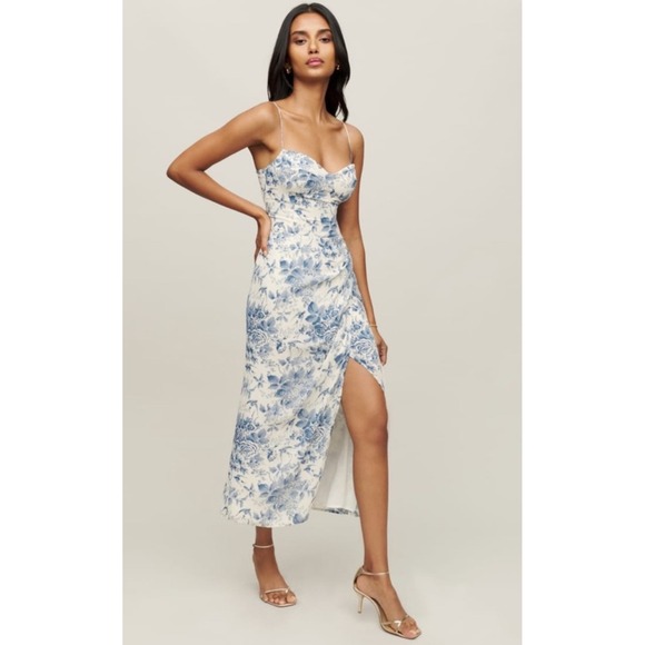 Reformation Courtney Dress Blue & White Floral MidiSize 14